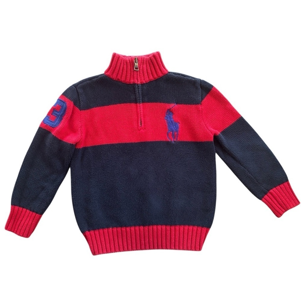 Polo Ralph Lauren Kids Red Blue Horse Striped Knit Sweater Cotton Preppy Size 4